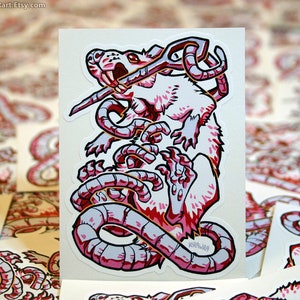 Stitched Rat Sticker 3.5 inch Vinyl Labrat Needle White Red Albino Stitches Vivisection Wound Halloween Bodyhorror Horror Gore Rodent image 2