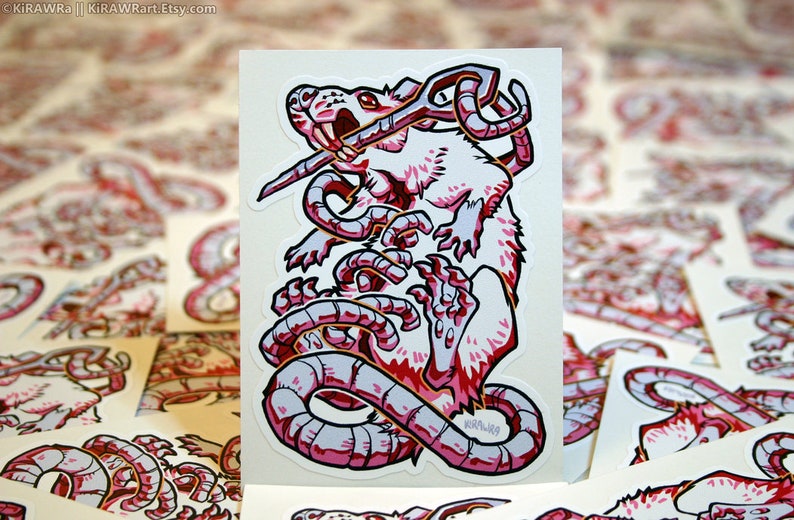 Stitched Rat Sticker 3.5 inch Vinyl Labrat Needle White Red Albino Stitches Vivisection Wound Halloween Bodyhorror Horror Gore Rodent image 2