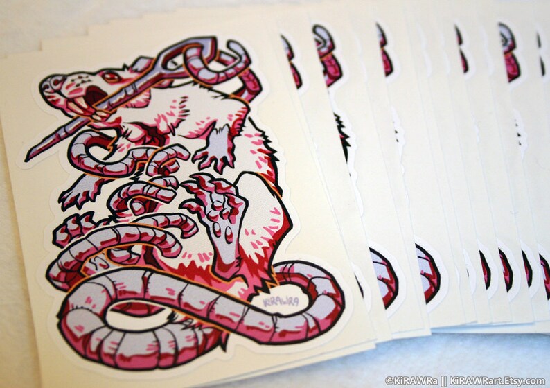 Stitched Rat Sticker 3.5 inch Vinyl Labrat Needle White Red Albino Stitches Vivisection Wound Halloween Bodyhorror Horror Gore Rodent image 4