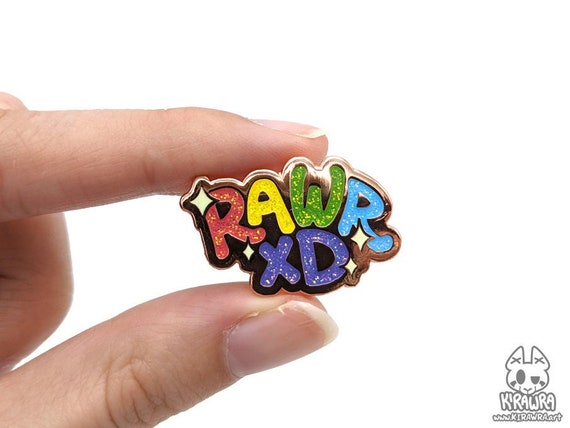 RAWR xD Pin || Hard Enamel Rainbow Sparkledog Scene 2000s Chatspeak Cringe Glitter Sparkle Rose Gold Lapel Accessory Jewelry