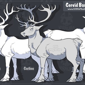 Könnte beinhalten: Zeichnung von drei Hirsch-Basen, einem Elch, einem Karibu und einem ohne Geweih. Die Basen sind in hellgrau gehalten und mit ihren Namen beschriftet. Der Text "Cervid Base" befindet sich oben im Bild, und der Text "P2U Pay to Use" befindet sich in der Mitte des Bildes.