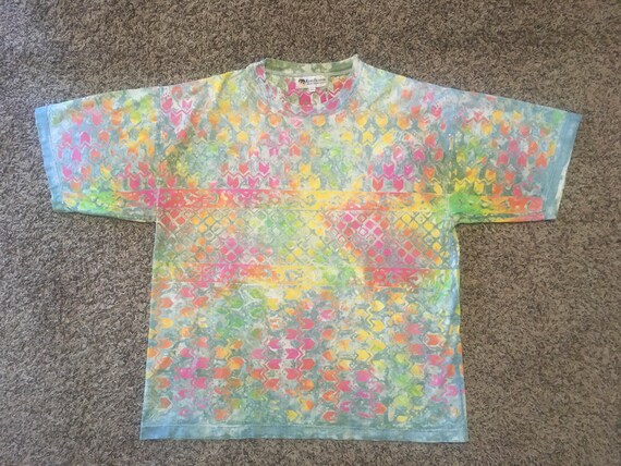 vintage 1990s bright patterned tee, wax-dyed, uni… - image 1