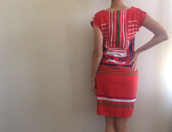 Vintage y2k red cotton dress with graphic linear … - image 5