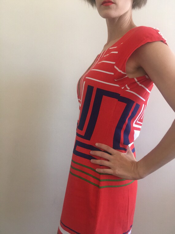 Vintage y2k red cotton dress with graphic linear … - image 7