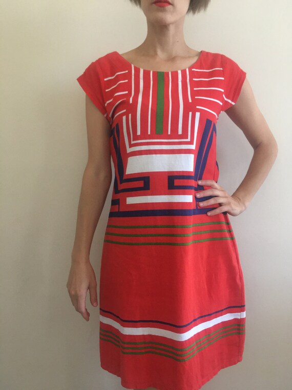 Vintage y2k red cotton dress with graphic linear … - image 2