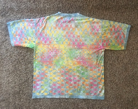 vintage 1990s bright patterned tee, wax-dyed, uni… - image 2