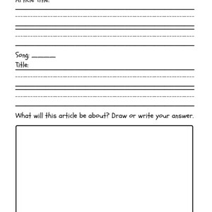 K&ouml;nnte beinhalten: Ein leeres Arbeitsblatt mit Zeilen zum Schreiben eines Datums, eines Artikelleitbildes, eines Songtitels und einem gro&szlig;en Feld zum Zeichnen oder Schreiben. Der Text "Worum wird es in diesem Artikel gehen? Zeichnen oder schreiben Sie Ihre Antwort." steht oben im Feld.