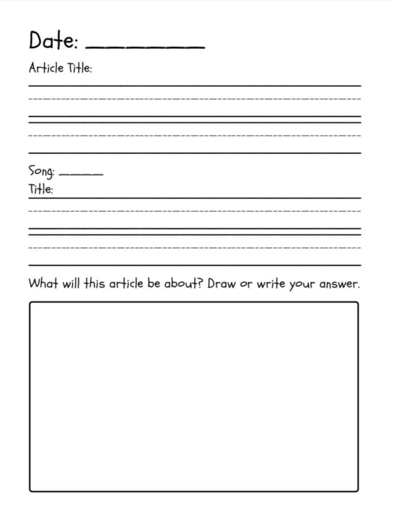 K&ouml;nnte beinhalten: Ein leeres Arbeitsblatt mit Zeilen zum Schreiben eines Datums, eines Artikelleitbildes, eines Songtitels und einem gro&szlig;en Feld zum Zeichnen oder Schreiben. Der Text "Worum wird es in diesem Artikel gehen? Zeichnen oder schreiben Sie Ihre Antwort." steht oben im Feld.