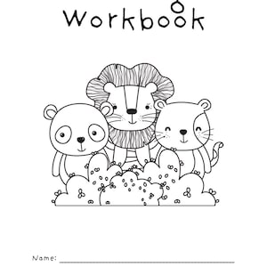 Könnte beinhalten: Schwarz-weiß-Zeichnung eines Löwen, Pandas und einer Katze, die in einem Busch sitzen. Der Text "Meeting Workbook" befindet sich oben auf der Seite. Unten auf der Seite befinden sich Zeilen für "Name" und "Congregation".