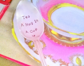 Tea A Hug In A Cup  Vintage Teaspoon, Gift, Engraved Spoon, Christmas Gift, Upcycled Antique Cutlery by Hello Lovely