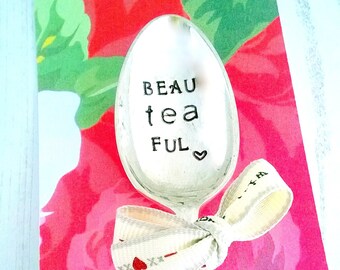 Vintage Teaspoon, Beau tea Ful, Hand Stamped, Silver Plated, Engraved Spoon