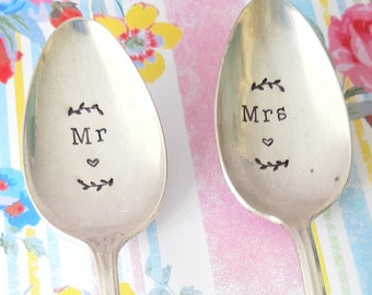 Mr & Mrs Wedding, Anniversary, Vintage Dessert Spoons, Handstamped, Wedding Gift, Husband and Wife, Marriage, Anniversary