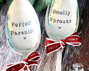 Perfect Parsnips/Smelly Sprouts Hand Stamped Vintage Tablespoon Servers, Christmas 2022