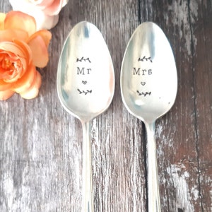 Mr & Mrs Wedding, Anniversary, Vintage Dessert Spoons, Handstamped, Wedding Gift, Husband and Wife, Marriage, Anniversary image 2