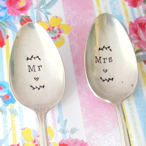 Mr & Mrs Wedding, Anniversary, Vintage Dessert Spoons, Handstamped, Wedding Gift, Husband and Wife, Marriage, Anniversary image 1