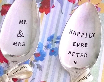 Mr & Mrs Wedding Happily Ever After Set, Vintage Dessert Spoons, Handstamped, Wedding, Marriage, Anniversary