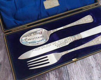 Beautiful Antique Christening Set, Ornate Silverplate and Mother Of Pearl boxed set. With Love On Your Christening Day.