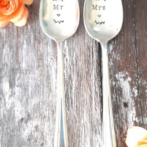 Mr & Mrs Wedding, Anniversary, Vintage Dessert Spoons, Handstamped, Wedding Gift, Husband and Wife, Marriage, Anniversary image 4