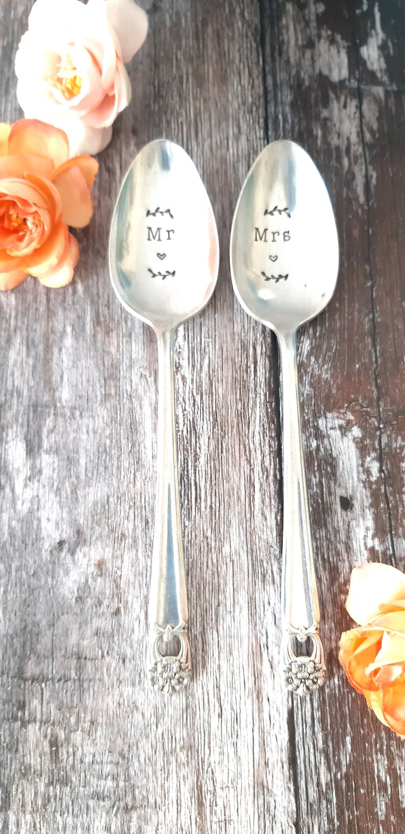 Mr & Mrs Wedding, Anniversary, Vintage Dessert Spoons, Handstamped, Wedding Gift, Husband and Wife, Marriage, Anniversary image 4