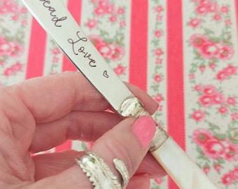 Spread Love Mother of Pearl  Hand stamped Vintage Butter Spreader,  Upcycled Antique and Vintage Cutlery by Hello Lovely