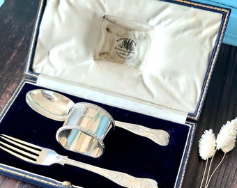Fabulous Christening, New Baby, Fork, Spoon and Napkin Ring Set, Solid Silver 1906/1907