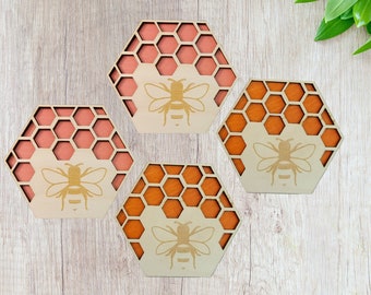 SEE ITEM DETAIL, Honeybee coaster Set, Hexagon coasters, bee decor, honeybee gift women, Bee coaster set, wooden coasters