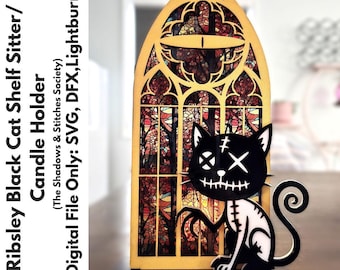 Halloween Black Cat Shelf Sitter: Gothic Stitched Design
