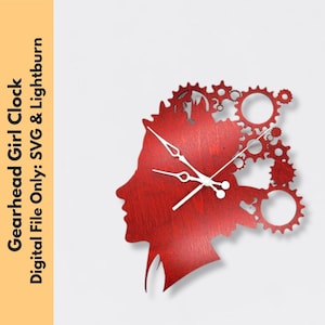 May include: Red wooden wall clock in the shape of a woman's profile, adorned with gear-shaped accents. The clock features white hands and the text "Gearhead Girl Clock Digital File Only: SVG & Lightburn".