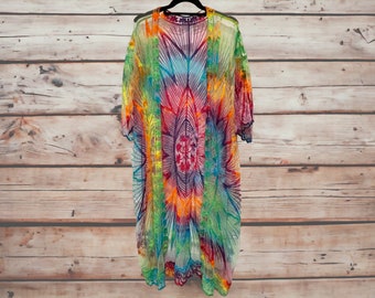 Tie Dye Kimono Lace Duster, Star Pattern, Boho Festival Fashion, Hippie Duster Robe, Tie Dye Beach Cover Up, Starfish Tie Dye Hand-Dyed