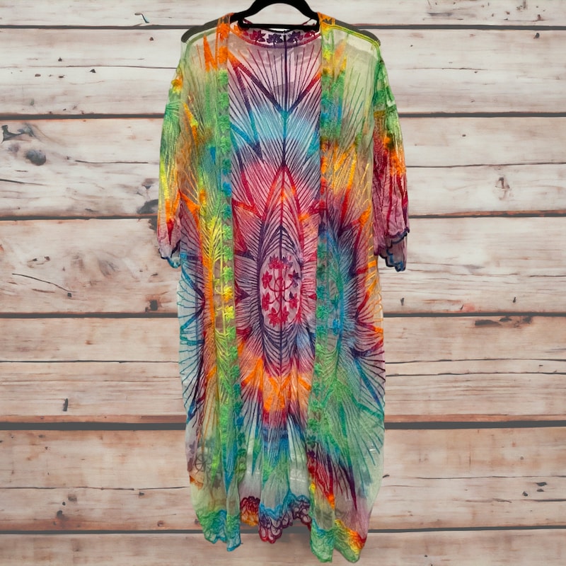 Kailani Linen Blend Tie-dye Print Irregular Hem Duster Kimono