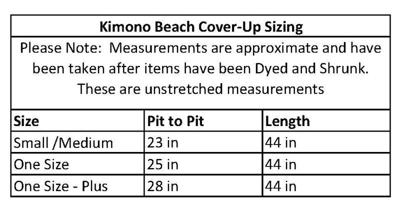 May include: A white chart titled "Kimono Beach Cover-Up Sizing" with measurements in inches. The chart lists sizes, pit-to-pit measurements, and lengths. Sizes include Small/Medium, One Size, and One Size - Plus.