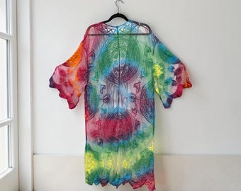 Tie Dye Kimono Lace Duster, Boho Festival Fashion,  Beach Cover Up,  Hand-Dyed