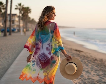 Tie Dye Kimono Lace Duster, Boho Festival Fashion,  Beach Cover Up,  Hand-Dyed
