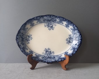 Antique oval serving plate with blue floral pattern, antique serving platter