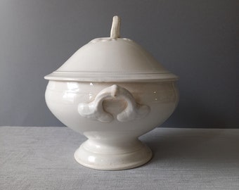 Antique white ironstone soup tureen bowl, french shabby chic kitchen decor