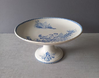 Antique white ironstone fruit dish with blue cherub patterns, French vintage compote with blue transfer pattern, ironstone cake plate