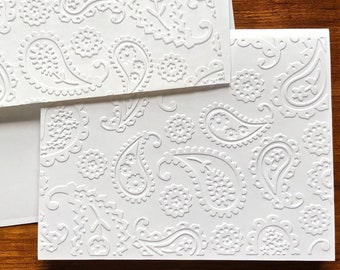 8 Paisley Cards, White Embossed Note Card Set, Blank Writing Stationery, Gift, Handmade Greeting Cards