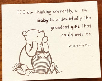 Winnie the Pooh New Baby Cards, Pregnancy Congratulations Note Card, Classic Pooh Bear Baby Shower Card, Handmade Newborn Greeting Cards