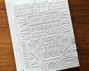 8 Birthday Cards, White Embossed Birthday Card Set, bday Note Cards for Him or Her, Stationery Handmade Greeting Cards
