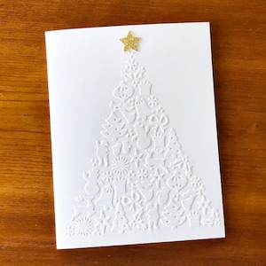 8 White Embossed Christmas Cards, Christmas Tree Cards Set, Handmade Greeting Cards, Reindeer, Bell, Star, Santa, Mittens
