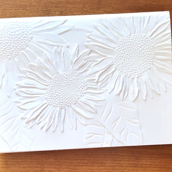 8 3D Embossed White Sunflower Cards, Floral Note Card Set, Blank Botanical Writing Stationery, Gift, Handmade Spring Flower Greeting Cards