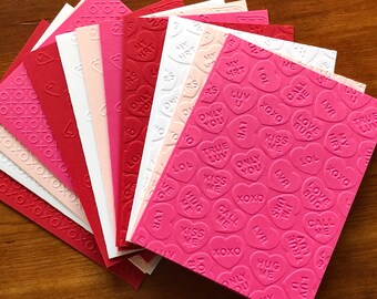 12 Valentine Note Cards, Variety Card Set, Embossed Valentine's Day Stationary, White, Pink, Red, Candy Hearts, Handmade Greeting Cards