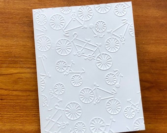 8 Bicycle Cards, White Embossed Bike Note Card Set, Gift for Biker, Vintage Bikes, Blank Triathlon Writing Stationery, All Occasion