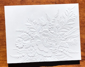 8 3D Embossed Floral Cards, White Flower Note Card Set, Blank Botanical Writing Stationery, All Occasion Notes, Handmade Greeting Cards