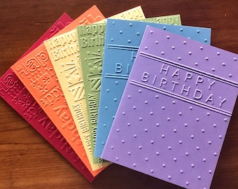 Happy Birthday Embossed Card Set of 6, Birthday Note Card Set, Bday Stationery Notes, Handmade Blank Greeting Cards