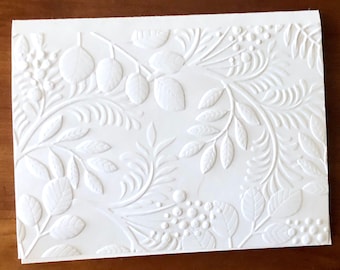 8 White Embossed 3D Floral Cards, Elegant Flower Note Card Set, Blank Botanical Writing Stationery, All Occasion, Handmade Greeting Cards