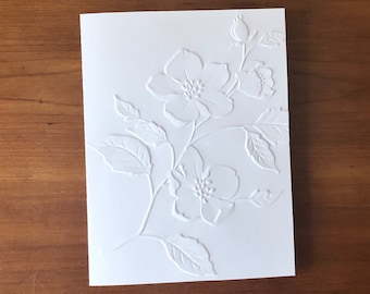 8 3D Embossed Woods Rose Flower Cards, White Floral Note Card Set, 3D Blank Botanical Stationery, All Occasion Notes, Handmade Greeting Card