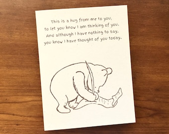 Winnie the Pooh Hug From Me to You Card, Classic Pooh Bear Thinking of You Quote Note Card, Handmade Encouragement Blank Greeting Cards