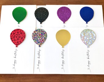 8 Balloon Birthday Cards, Blank Happy Birthday Note Card Set, Variety Pack, Handmade Greeting Cards Assortment of Colored Glitter Balloons