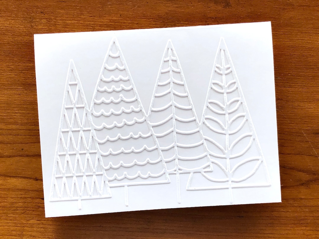 8 White Embossed Christmas Tree Cards, Modern Minimalist Holiday Note